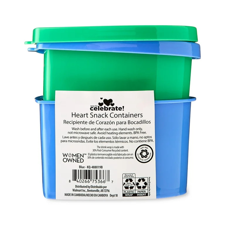 Heart Snack Containers, Blue and Green, 2 Count, Valentine's Day by Way To Celebrate | Walmart (US)