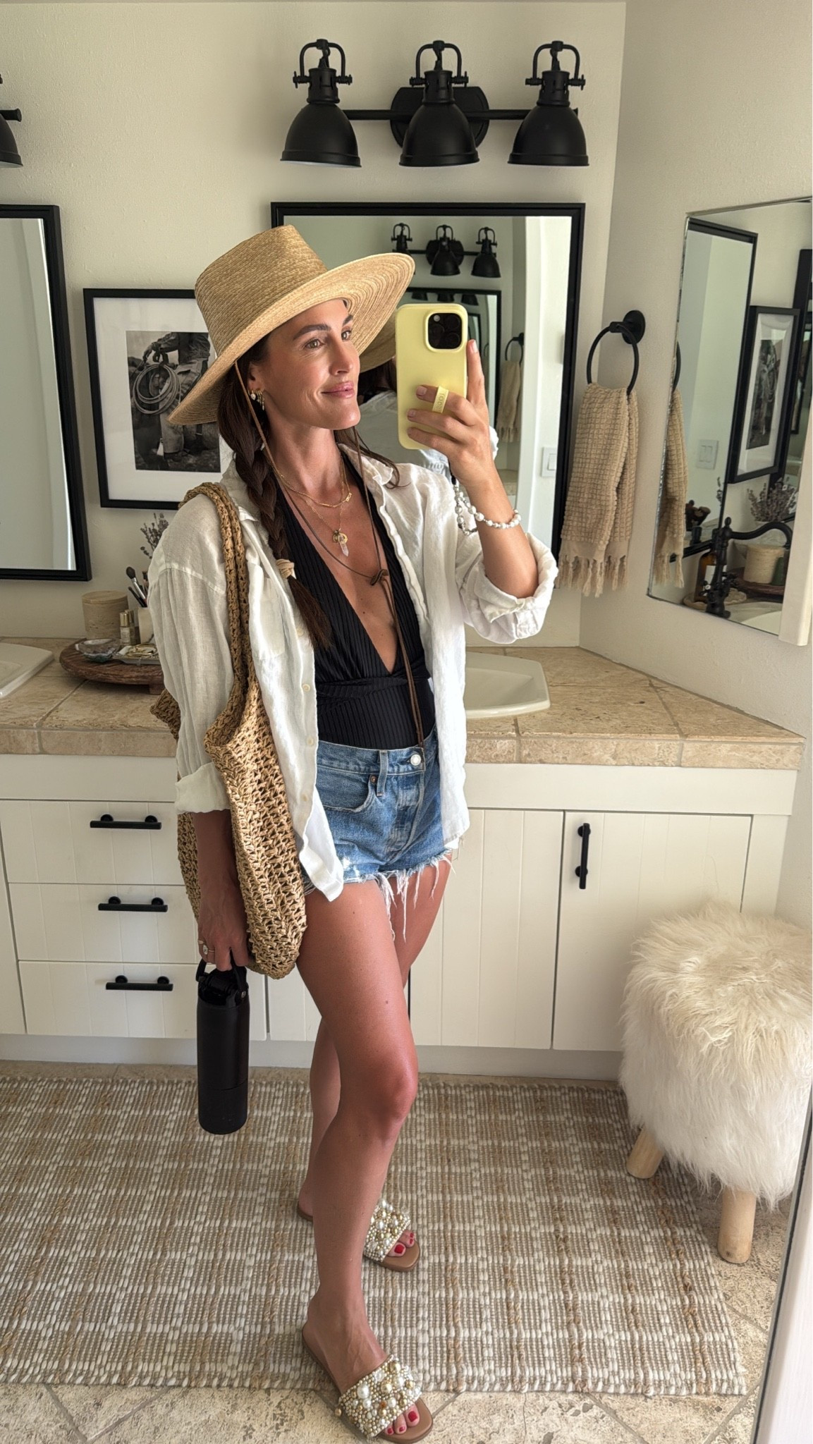 Today’s pool outfit! Love this one piece swimsuit and summer classics: cut off denim shorts, straw hat and bag 

40
Swim

#LTKootd #LTKSeasonal #LTKOver40