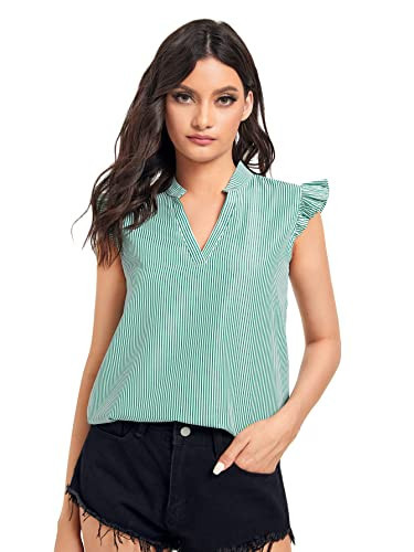 WDIRARA Women's Striped Ruffle Cap Sleeve Notched V Neck Blouse Top Shirt Multicolor Green S | Amazon (US)