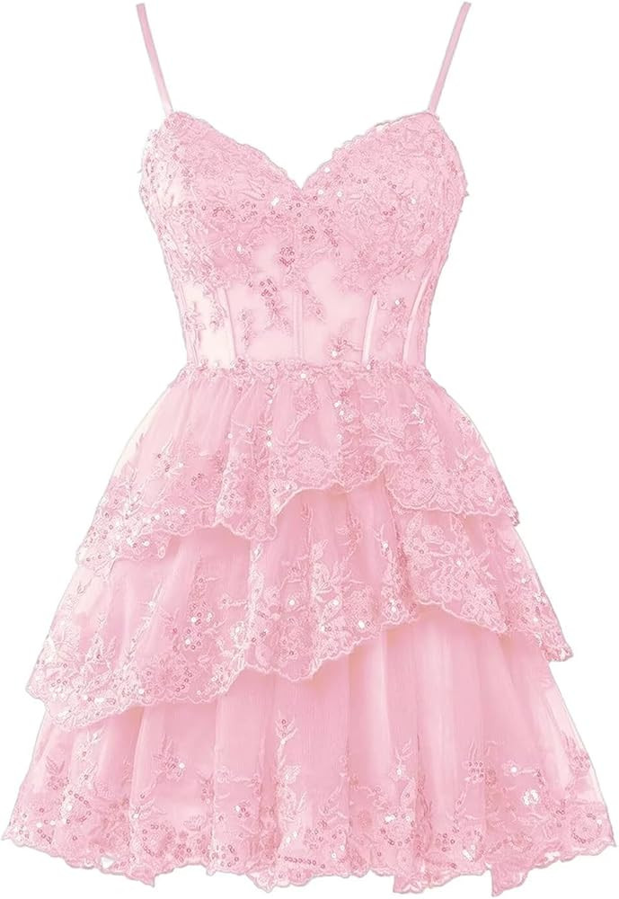 Short Tiered Homecoming Dress Aline Mini Prom Gown Sparkly Lace Cocktail Gown Spaghetti Straps We... | Amazon (CA)