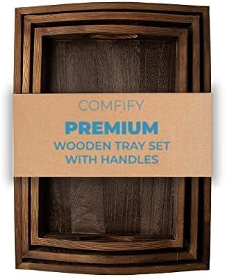 Rustic Wooden Serving Trays with Handle - Set of 3 - Large, Medium and Small - Nesting Multipurpose  | Amazon (US)