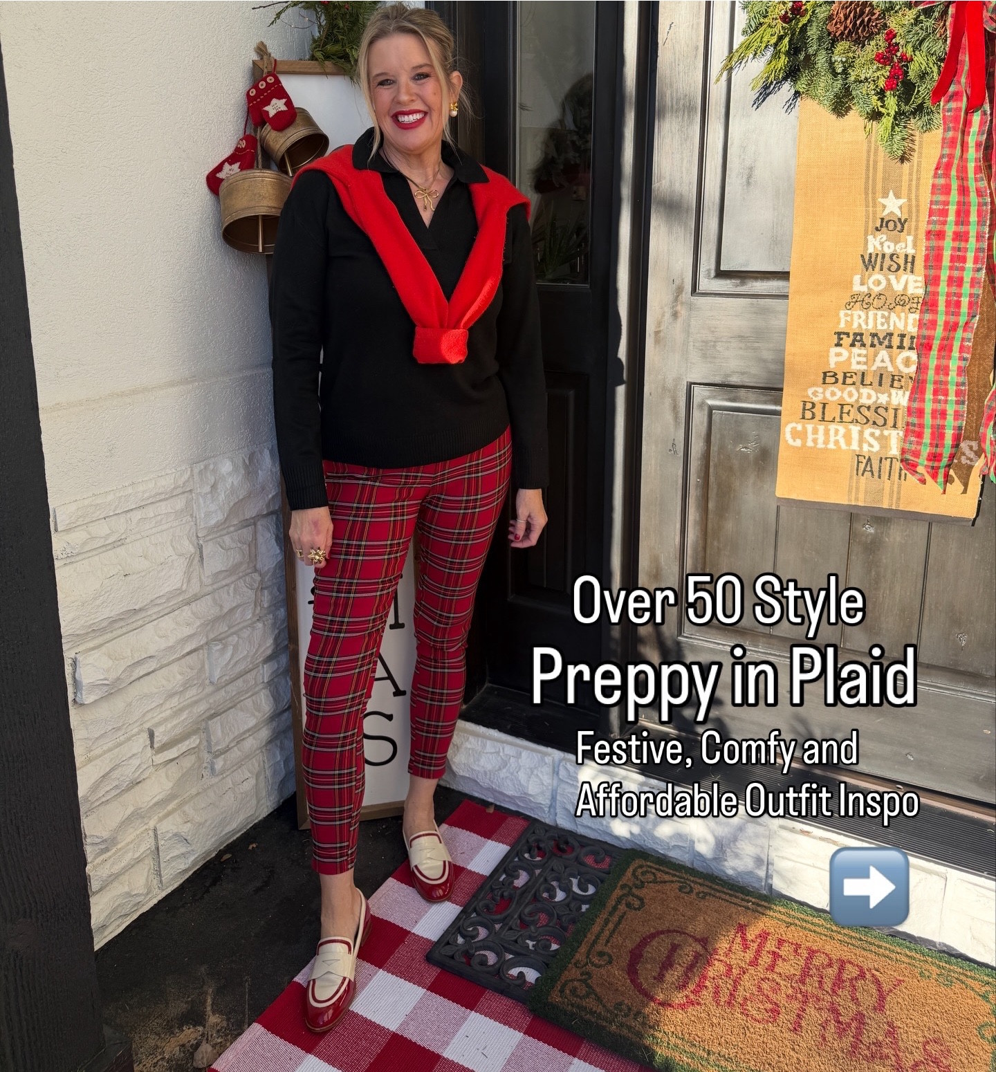 Holiday plaid outfit inspo❤️🎄

Affordable collar v neck sweater long sleeve, so soft and comes in several colors.
I am in a med

Plaid cigarette style pull on pants in plaid by Tommy Hilfiger
Tts in a small, pull on  and comfy
Ankle style (I am tall so a touch short on me)

Red cashmere v neck sweater so soft. 

Patient leather red and white loafer by Cecelia New York  tts 

Gold bow necklace and chain by Allie & Bess save 20% off with code DARCY20

#LTKootd #LTKSaleAlert #LTKHoliday