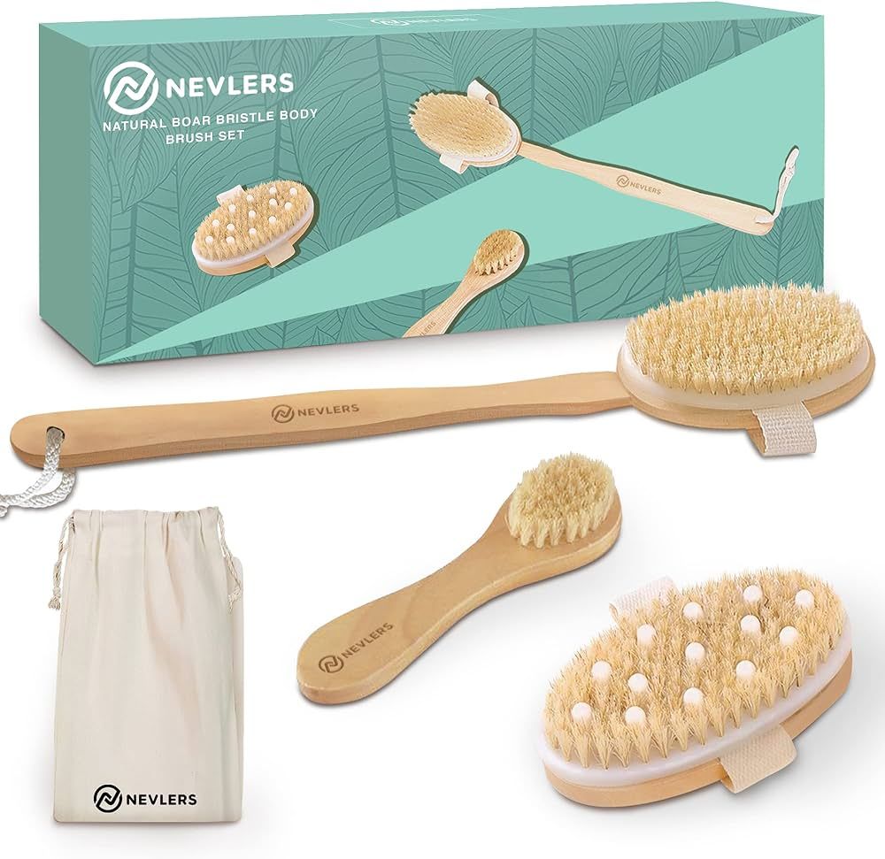Nevlers Natural Boar Body Brush Set with Detachable Cellulite Brush, Long Wooden Handle for Dry B... | Amazon (US)