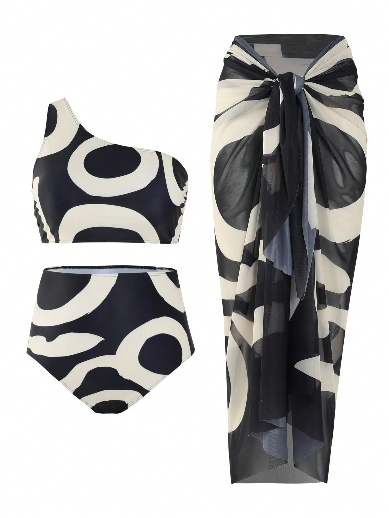 SHEIN Swim Vcay Plus Size Black And White Splicing Swimwear Set With 3 Pieces Of Tops, Swim Short... | SHEIN