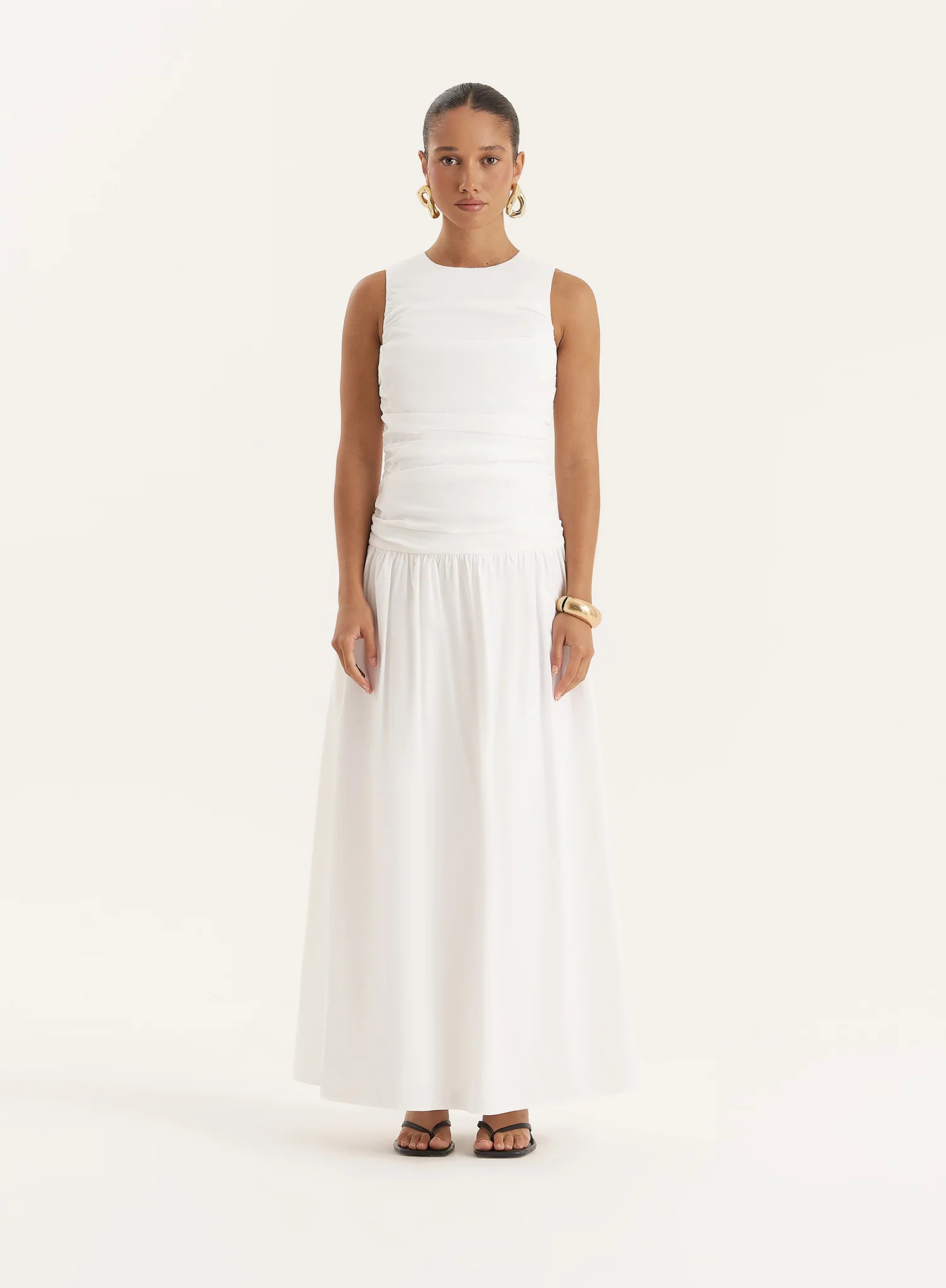 White Cotton Poplin Drop Waist Maxi Dress- Zendaya | 4th & Reckless