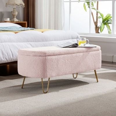 Modern Pink Faux Fur Bedroom Bench with Storage, Accent Entryway Bench, Padded Ottoman with Gold Legs for Living Room, Hallway, or Bedroom-Panipeachy | Target