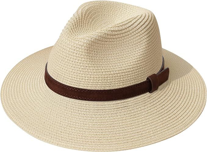Lanzom Women Wide Brim Straw Panama Roll up Hat Belt Buckle Fedora Beach Sun Hat UPF50+ | Amazon (US)