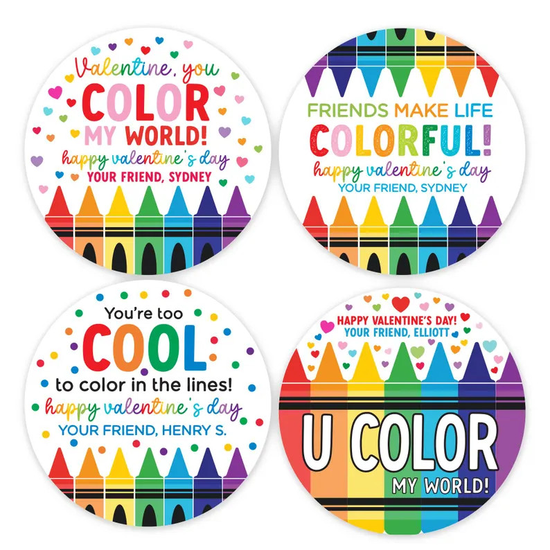 Valentine Stickers for Kids, Personalized Crayon, Art, Color My World, Colorful Theme Rainbow Hea... | Etsy (US)