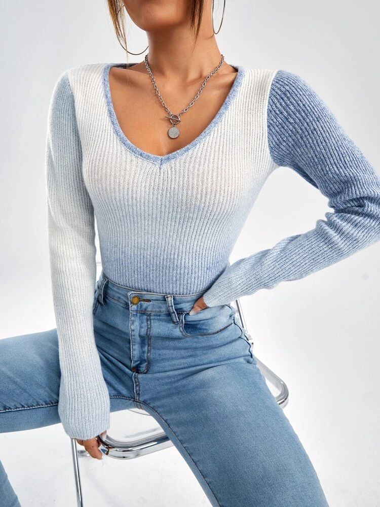 SHEIN Unity Ombre Ribbed Knit V Neck Sweater | SHEIN