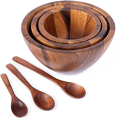 Tiny nesting wood Bowls Mix size Stackable Acacia wooden bowl set with 3 spoons for serving salad, f | Amazon (US)