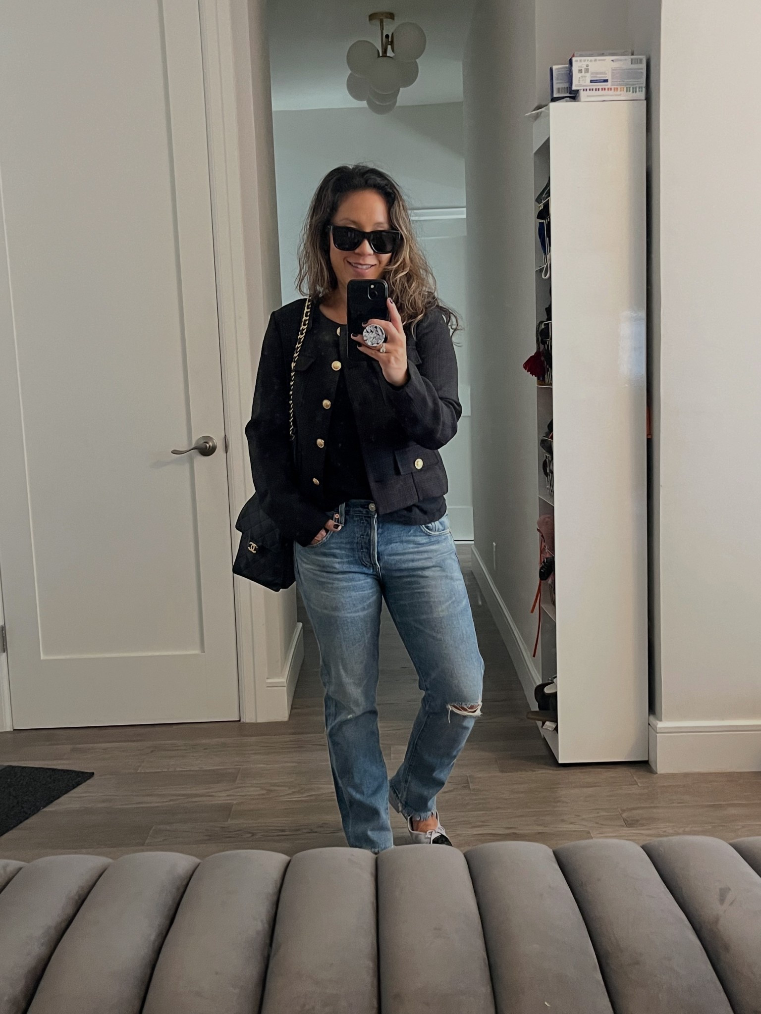 Fall layers.  Polished look with next to zero effort. Black cropped jacket. Steal of a deal. School drop-off look with an pair of denim jeans. This emerson cut is my favorite. Not too skinny. Not too wide. Can swap out the jeans for a pair of trousers if you want an easy office look. 

#LTKFindsUnder50 #LTKWorkwear #LTKFindsUnder100