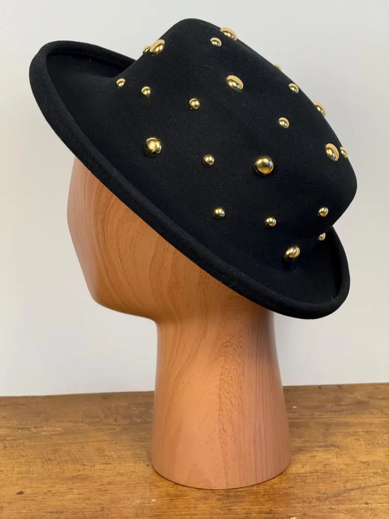 Vintage Gold Studded Black Hat 90s Style Statement Hat Made in USA | Etsy (Global)