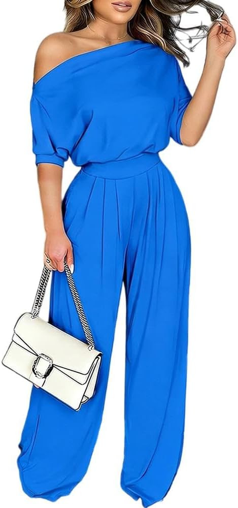 Women's One Shoulder Jumpsuit Batwing Sleeve High Waist Wide Leg Long Pants Rompers with Pockets | Amazon (US)