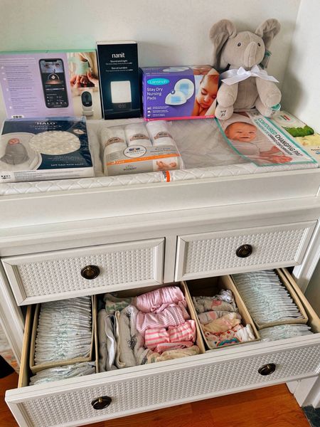 Baby essentials 💗💗💗 Drawer dresser, Nanit sound and light, Owlet camera, swaddle, foldable box drawer organizer, changing pad, waterproof liners for changing pad - currently organizing - work in progress! 

#LTKbaby #LTKbump #LTKhome