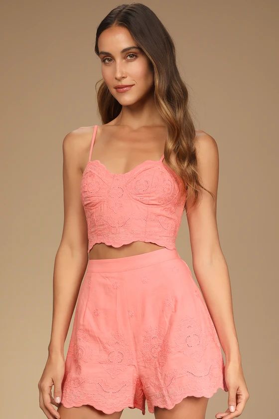 Summer Soiree Coral Pink Embroidered Sleeveless Two-Piece Romper | Lulus (US)