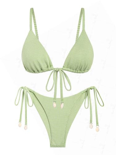 seamoly Vintage Gingham Shell Decor Triangle Top & Tie Side Brazilian Bottom Bikini Set,Green,M | Amazon (US)