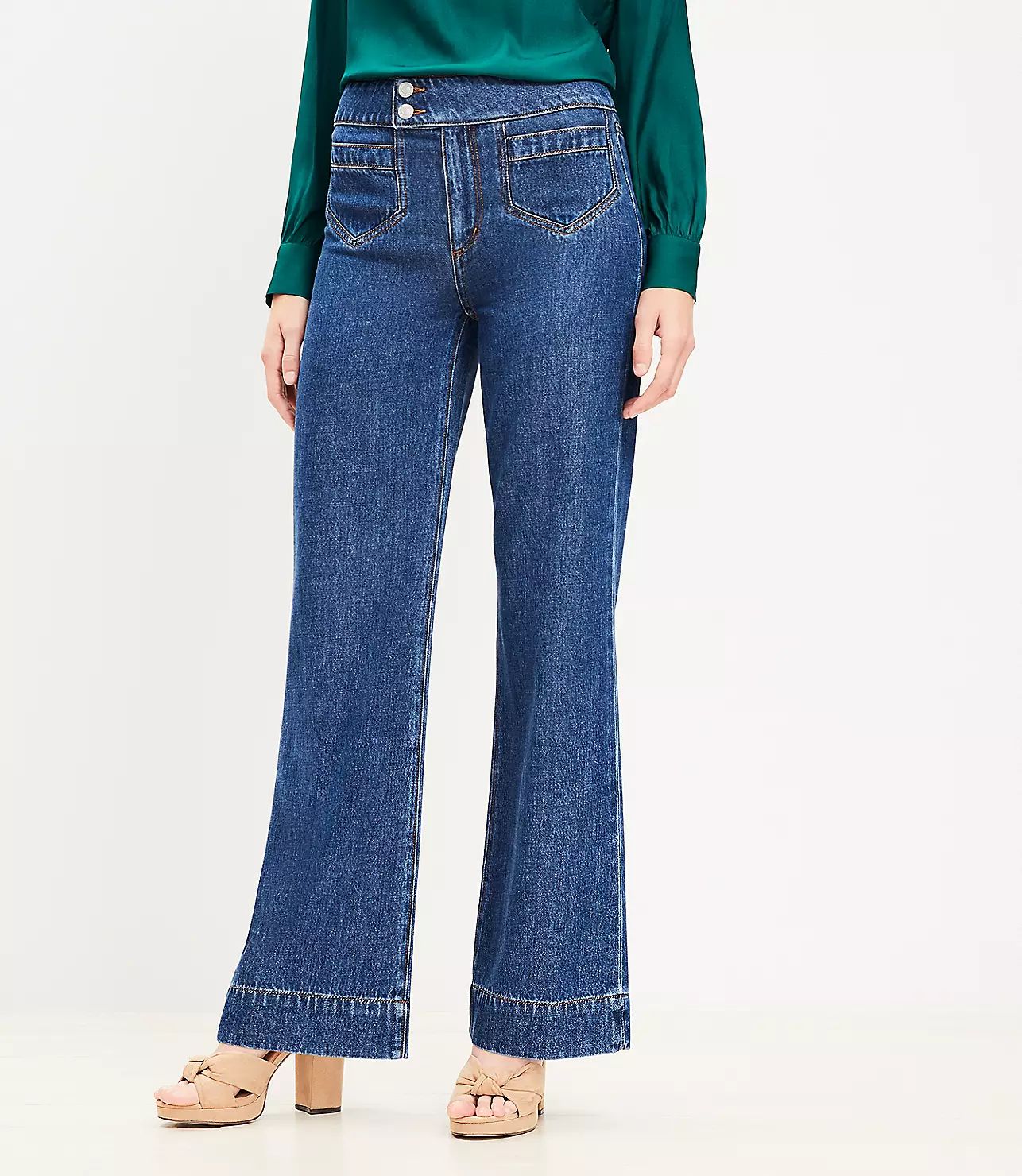 Petite Curvy Patch Pocket High Rise Wide Leg Jeans in Dark Wash | LOFT