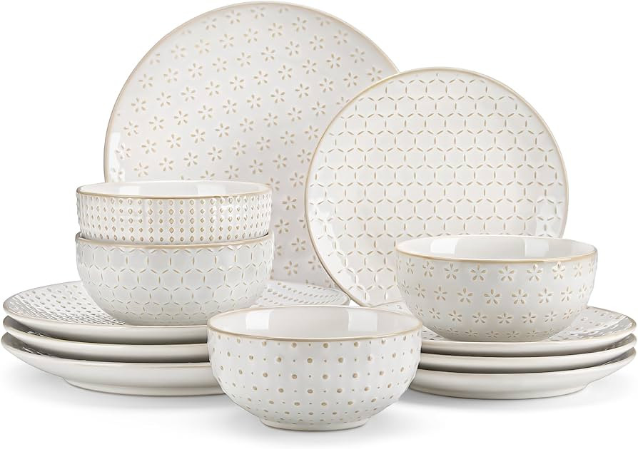 MALACASA 12 Pieces Dinnerware Sets, Modern Relief Design Plates and Bowls Sets, White Dish Set fo... | Amazon (US)