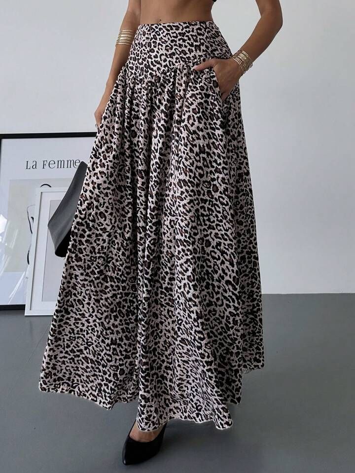 SHEIN Privé Women Elegant Leopard Print Pleated A-Line Skirt With Real Pockets For Daily | SHEIN