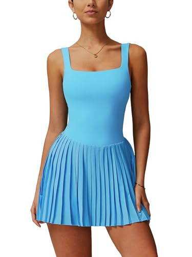ABOCIW Tennis Dresses for Women Built in Shorts Square Neck Pleated Athletic Dress Sleeveless Backless Workout Golf Dresses with Pockets Blue X-Large | Amazon (US)
