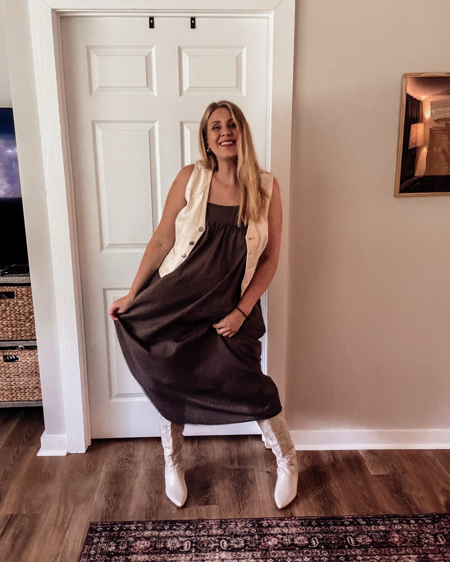 Ready for anything! This versatile midi dress pairs perfectly with a denim vest and boots for a look that's both chic and comfortable.

#LTKootd #LTKmomlife #LTKBump