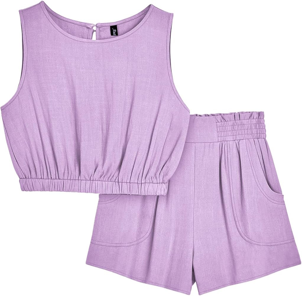 AUTOMET Conjunto de 2 piezas de verano para mujer, pantalones cortos, sin mangas, cuello redondo,... | Amazon (US)