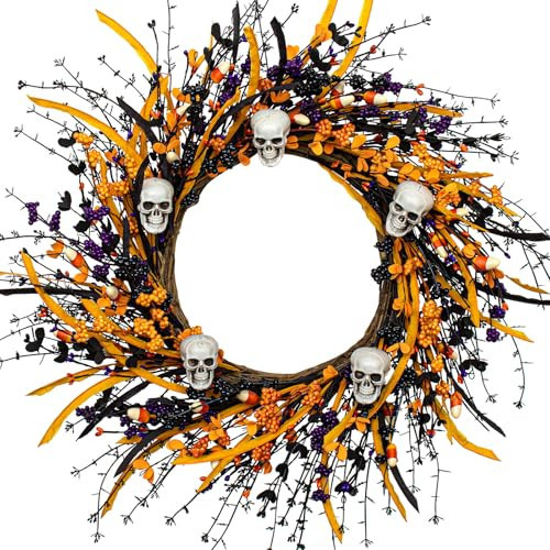 JINGHONG Artificial Halloween Wreath 22 Inch Black Halloween Wreaths for Front Door Skull Wreath with Halloween Candy Berries for Halloween Party Wall Porch Decor | Amazon (US)