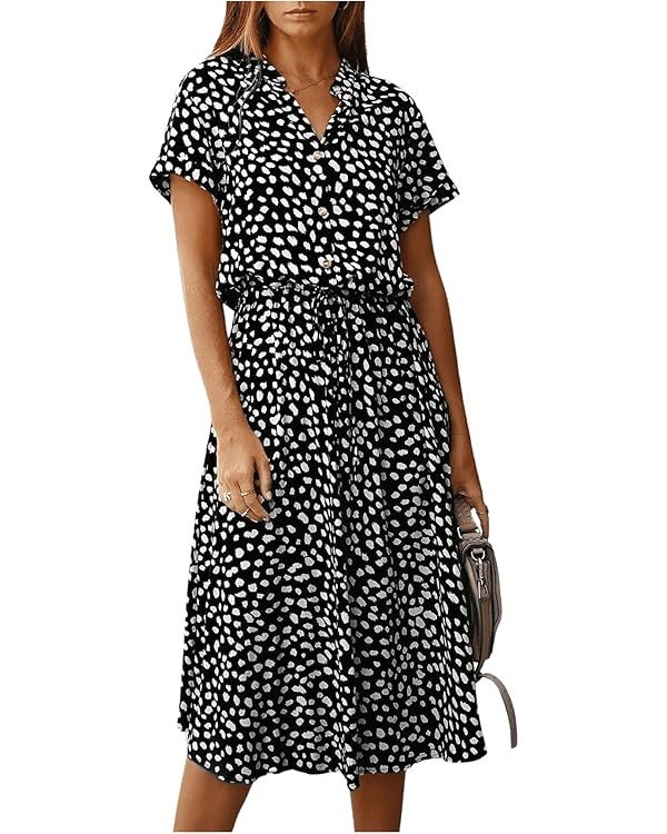 Milumia Womens Button Front Drawstring High Waist Short Sleeve A Line Midi Dress | Amazon (US)