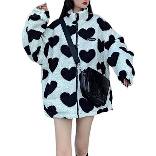 Women's Fleece Sherpa Jackets Reversible Kawaii Heart Print Fuzzy Zip Up Coats Aesthetic Y2k Winter Oversized Outwear (Black,XL) | Amazon (US)