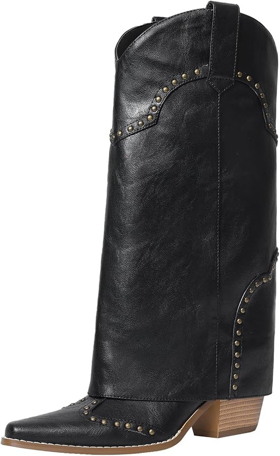 Women Shark Boots Fold Over Mid Calf Chunky Heel Snip Toe Cowboy Cowgirl Pull On Studded Boots fo... | Amazon (US)