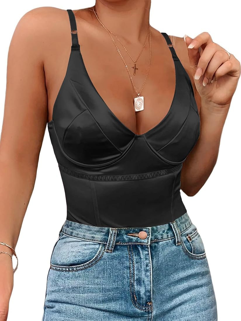 Sexy Neon Corset Top for Women Deep V Neck Satin Bodysuit Going Out Tank Tops | Amazon (US)