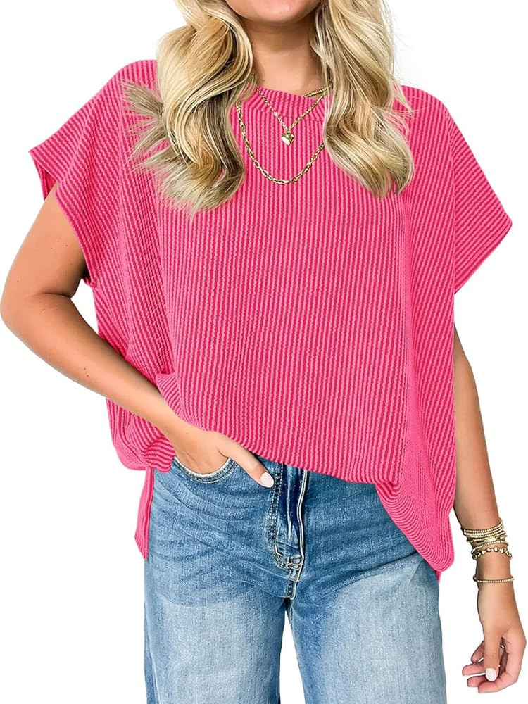 Tankaneo Womens Oversized Short Cap Sleeve Tunic Tops Summer Casual Textured Ribbed Knit T-Shirts... | Amazon (US)