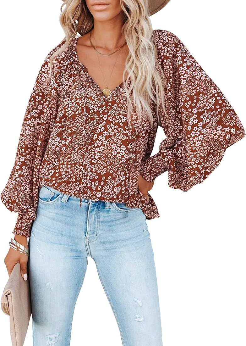 miduo Womens Blouses Long Sleeve V Neck Floral Printed Loose Casual Blouses Tops and Shirts | Amazon (US)