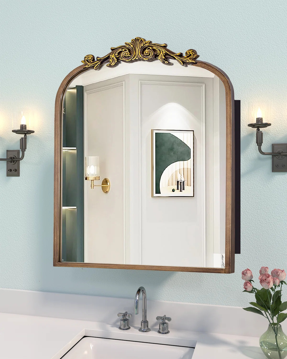 24x30 inch Surface Mount Medicine Cabinet Mirror with Vintage Bronze Carving & Hand-Painted Alumi... | Wayfair North America