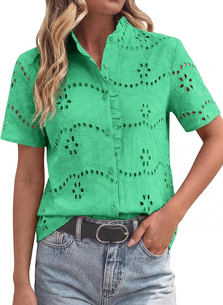 Funlingo Womens Summer Tops Dressy Casual Short Sleeve Lace Hollow Eyelet Ruffle Blouses Embroide... | Amazon (US)