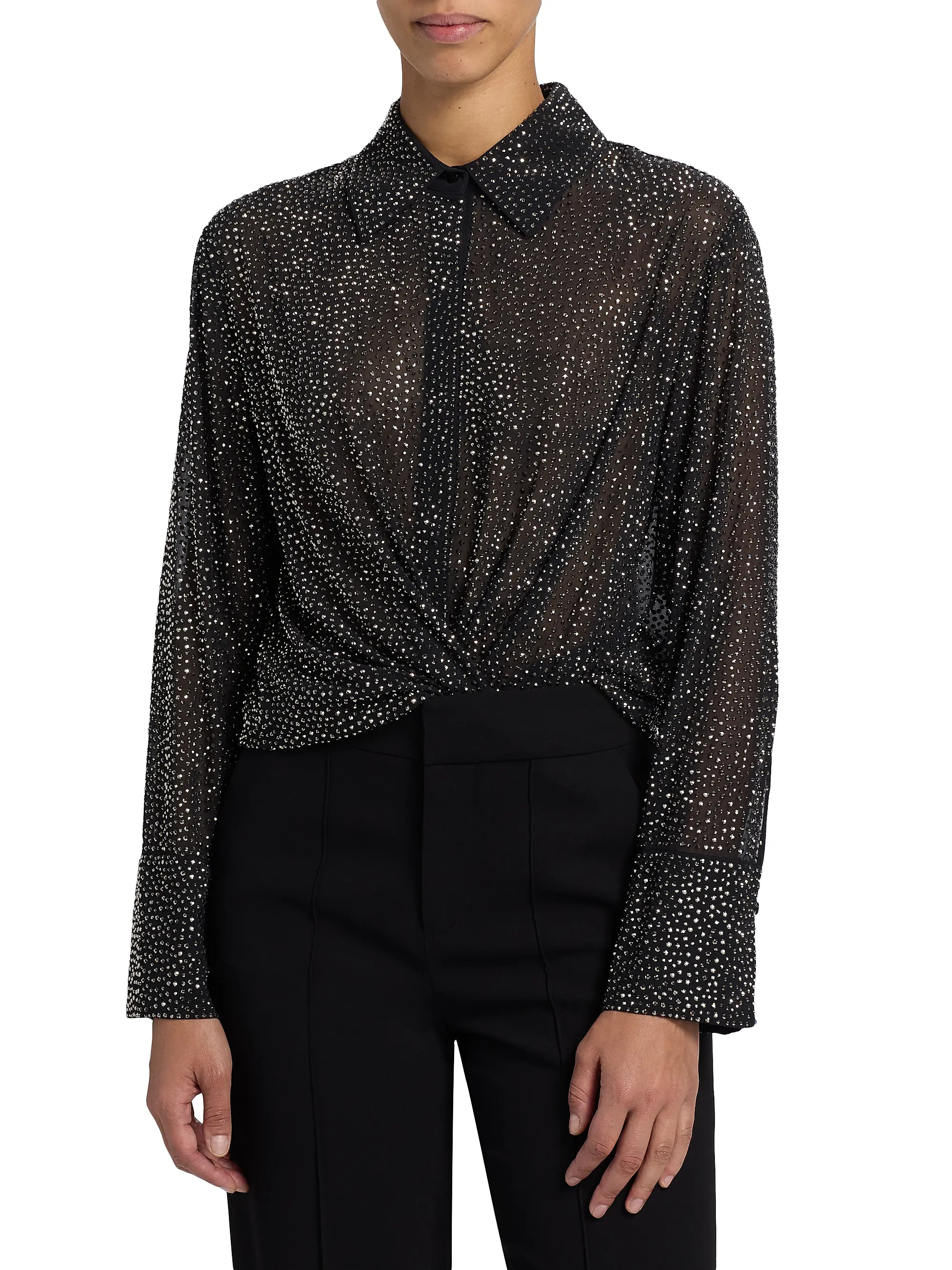 ALICE + OLIVIA Finely Embellished Semi-Sheer Oversized Shirt | Saks Fifth Avenue | Saks Fifth Avenue