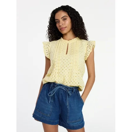 Time and Tru Women's Cotton Eyelet Top with Short Flutter Sleeves, Sizes XS-XXXL | Walmart (US)
