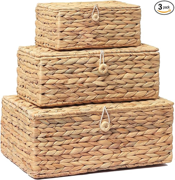 Set of 3 Wicker Storage Baskets with Lid, Large Rectangular Rattan Basket Decorative Boxes, Natur... | Amazon (US)