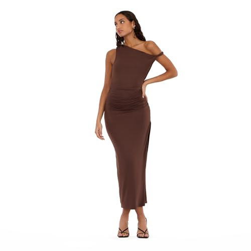 Forever 21 Women's Maxi Dress with Side Ruching Detail and High Neckline, Brown, XS | Amazon (US)