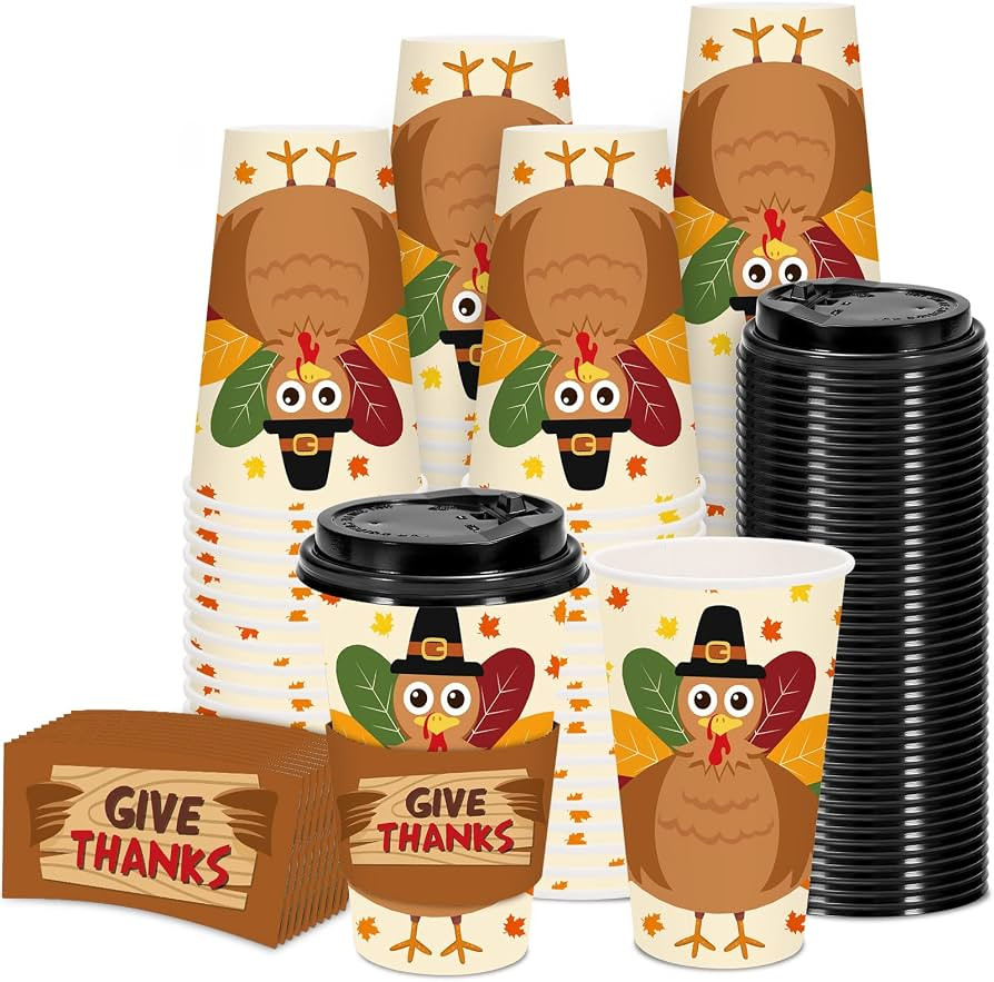 48 Set Fall Thanksgiving Disposable Coffee Cups with Lids and Sleeves Turkey Maple Paper Cups Giv... | Amazon (US)