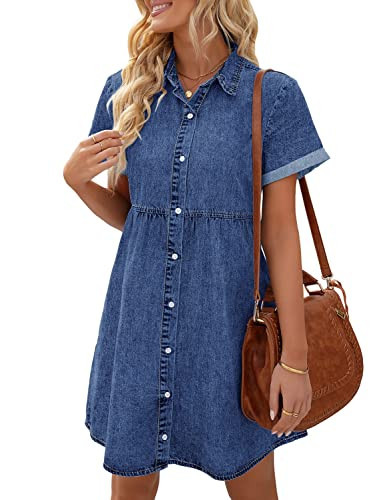LookbookStore Denim Dress for Women Babydoll Blue Jean Dresses Women Denim Short Sleeve Shirt Dresses Casual Summer Babydoll Dress Wishful Blue Size M Size 8 10 | Amazon (US)