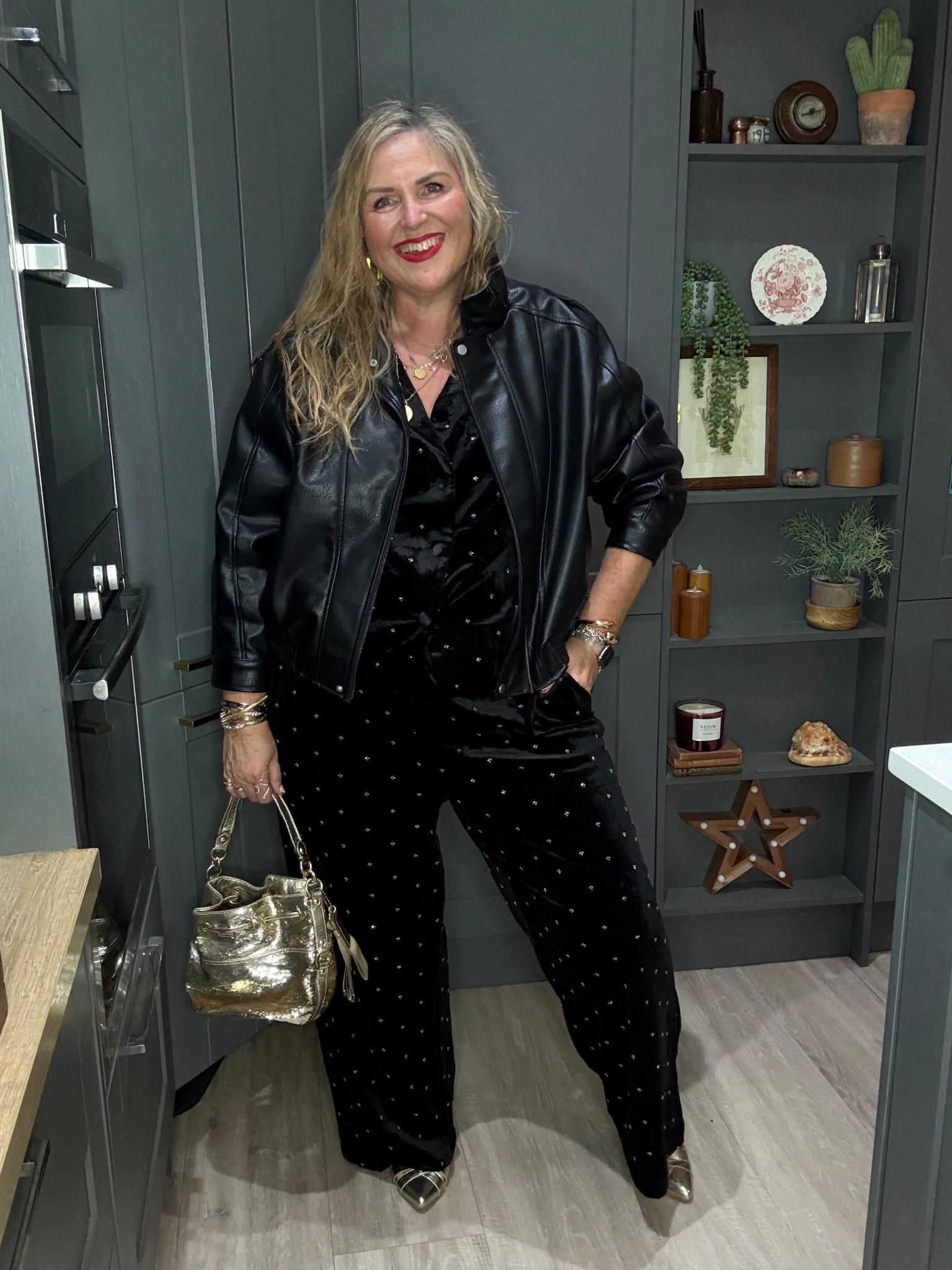 Party outfit, velvet trousers, velvet top, leather jackets, gold bag, gold shoes 

#LTKpartywear #LTKplussize #LTKfestive