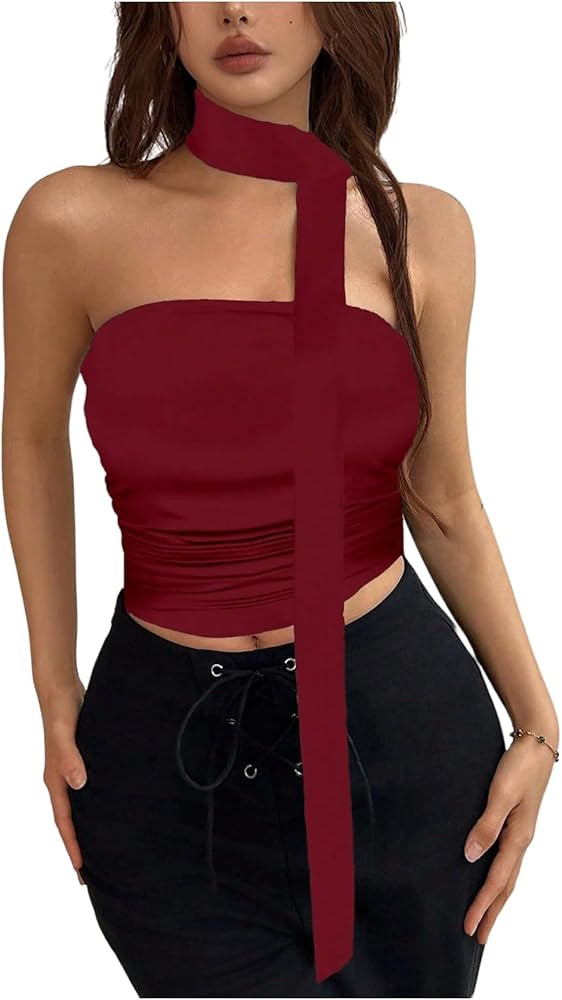 OYOANGLE Women's Strapless Top with Scarf Sleeveless Ruched Crop Tube Tops Y2K Going Out Bandeau | Amazon (US)