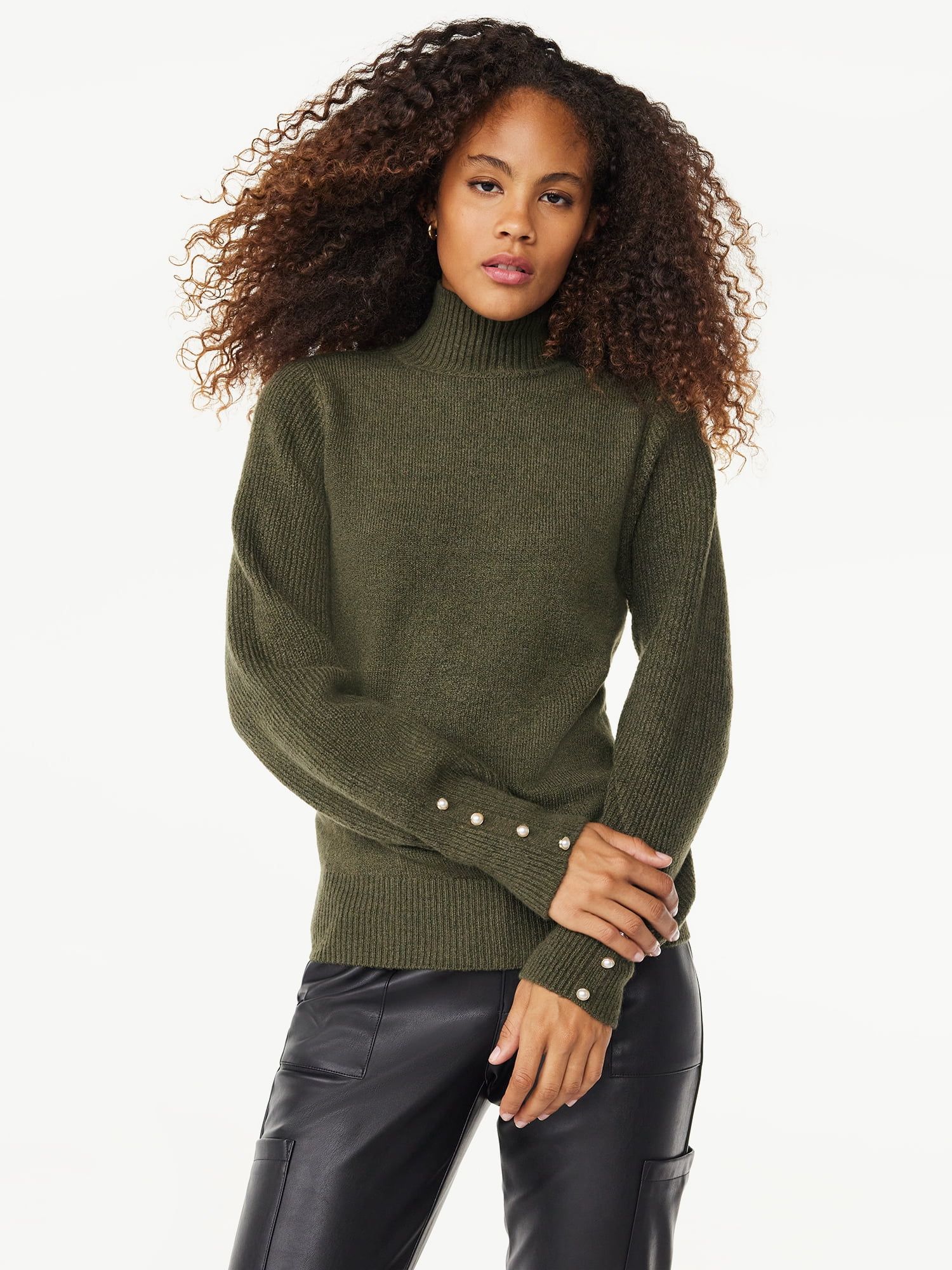 Scoop Women's Long Sleeve Turtleneck Sweater with Button Cuffs, Sizes XS-XXL | Walmart (US)