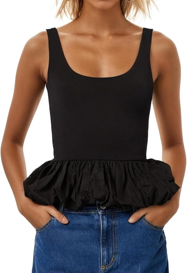 Women's Ruffle Bubble Hem Tank Top Scoop Neck Backless Sleeveless Patchwork Peplum Top Going Out ... | Amazon (US)