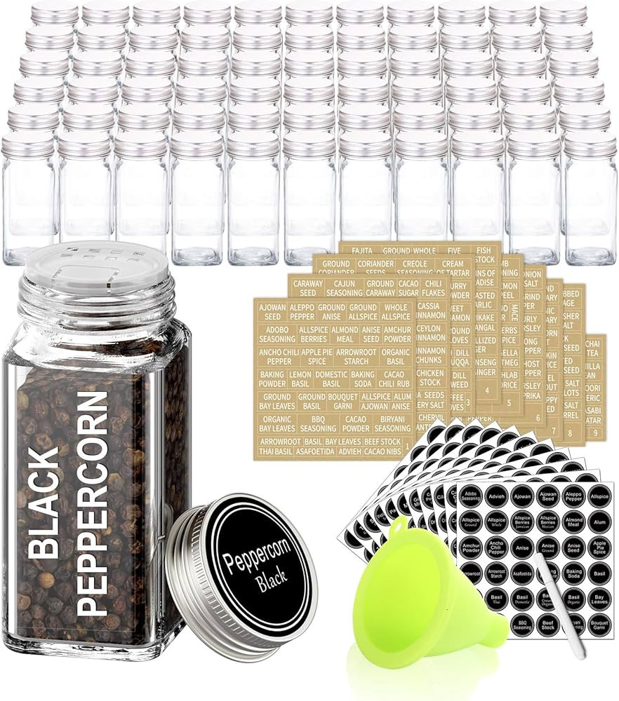 SWOMMOLY 66 Glass Spice Jars with 703 Spice Labels, Chalk Marker and Funnel Complete Set. 66 Squa... | Amazon (US)