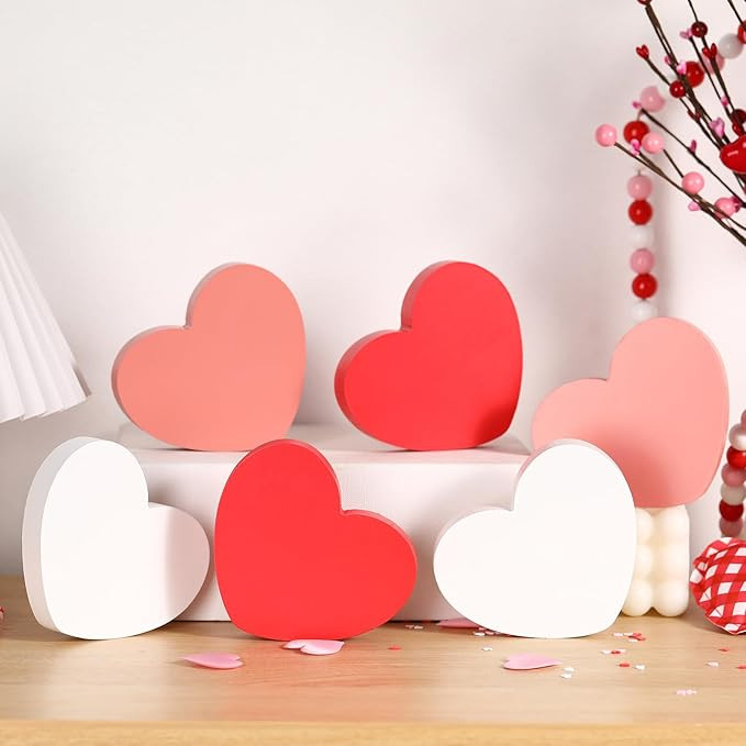 FestalMart Valentines Day Decorations -6pcs Wooden Heart Decorations Sign - Classic White Pink Re... | Amazon (US)