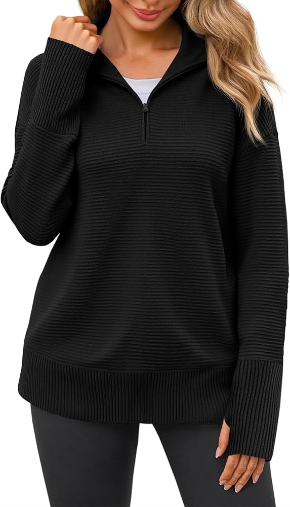 Saodimallsu Womens Quarter Zip Sweaters Striped Color Block Knit Sweatshirt Casual Trendy Pullove... | Amazon (US)