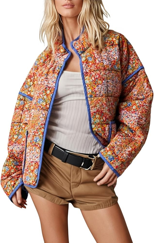 Omoone Women's Cropped Quilted Jacket Floral Printed LightWeight Padded Puffer Cardigan Coat Outw... | Amazon (US)