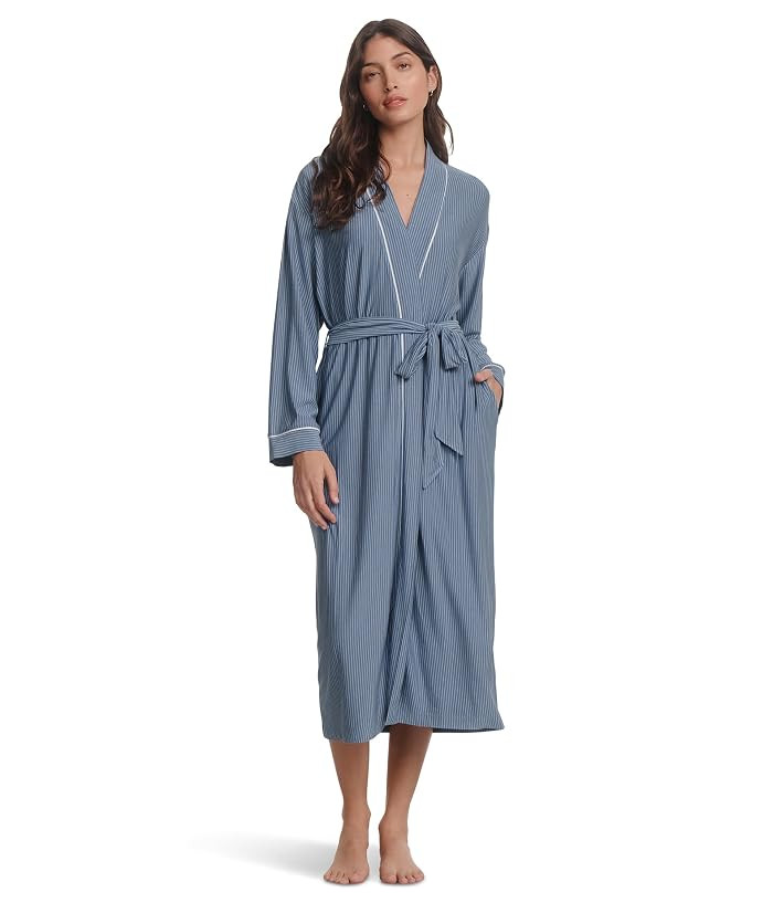 Eberjey Gisele Printed - The Tencel Modal Long Robe Women's Robe Duo Stripe Slate Blue/Ivory : MD, Modal/Spandex/Tencel | Zappos.com